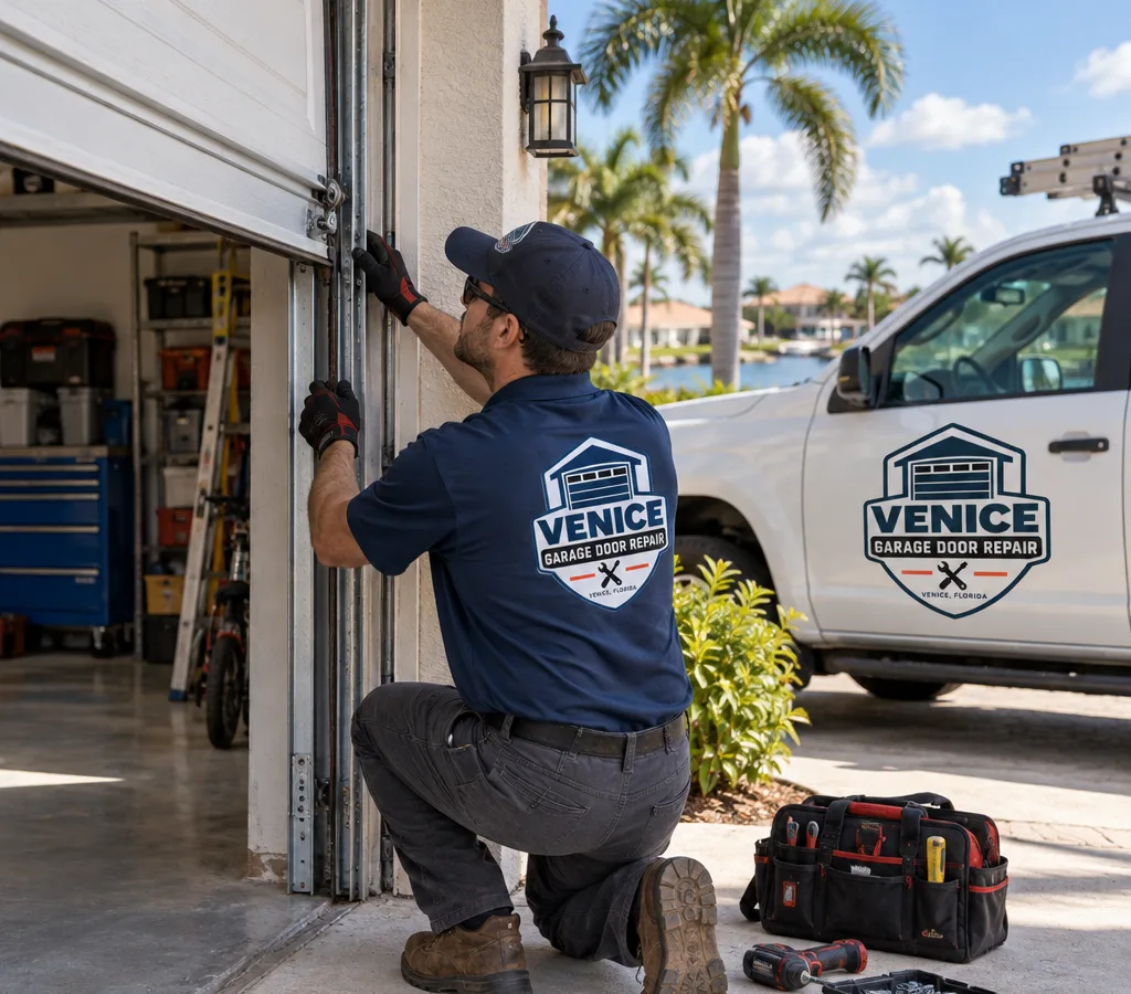 Contractor inspecting a residential sectional garage door and track in a Venice driveway