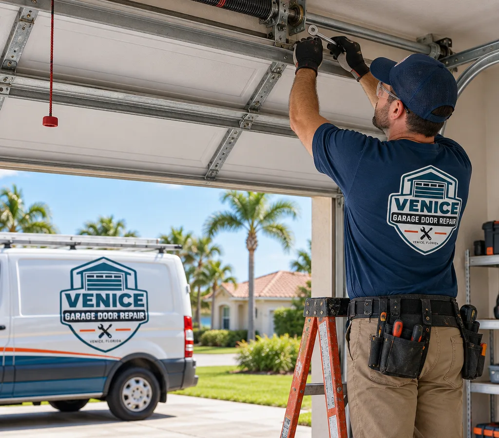 Residential garage door with a contractor working safely at the torsion spring shaft above the opening