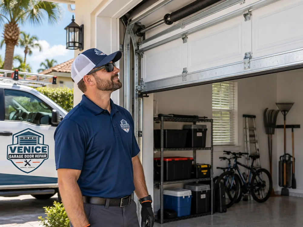 Garage door partially open while its balance is checked by hand with the opener disengaged