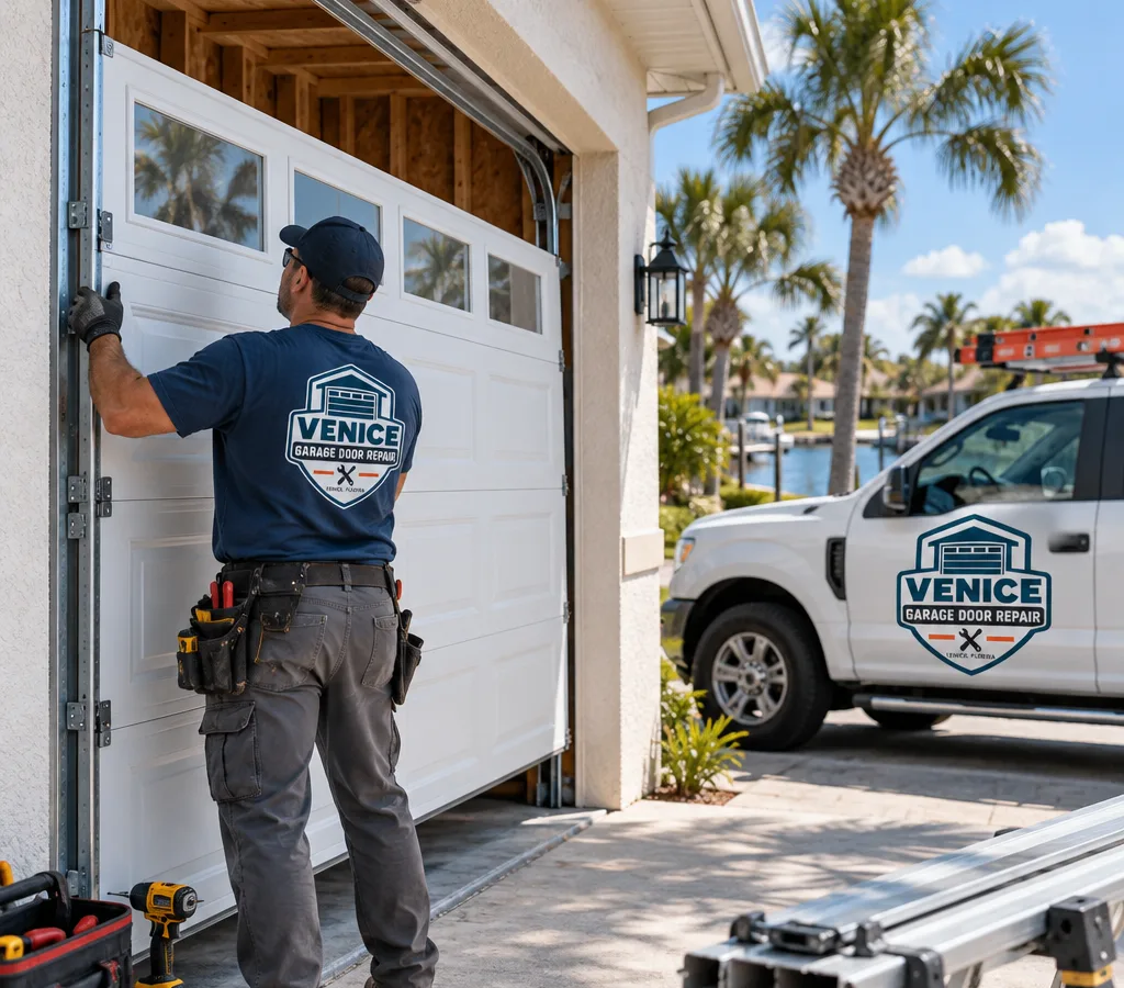 Contractor inspecting the torsion spring and center bearing plate above a residential garage door