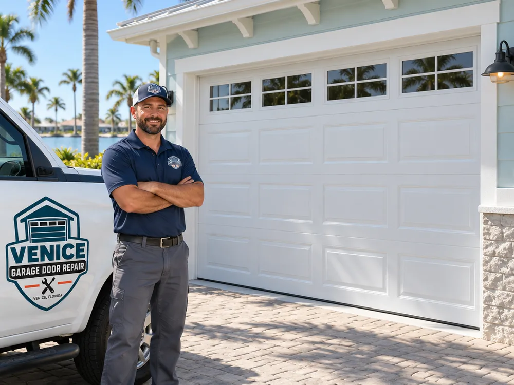 Finished insulated steel sectional garage door with windows on a coastal Florida-style home
