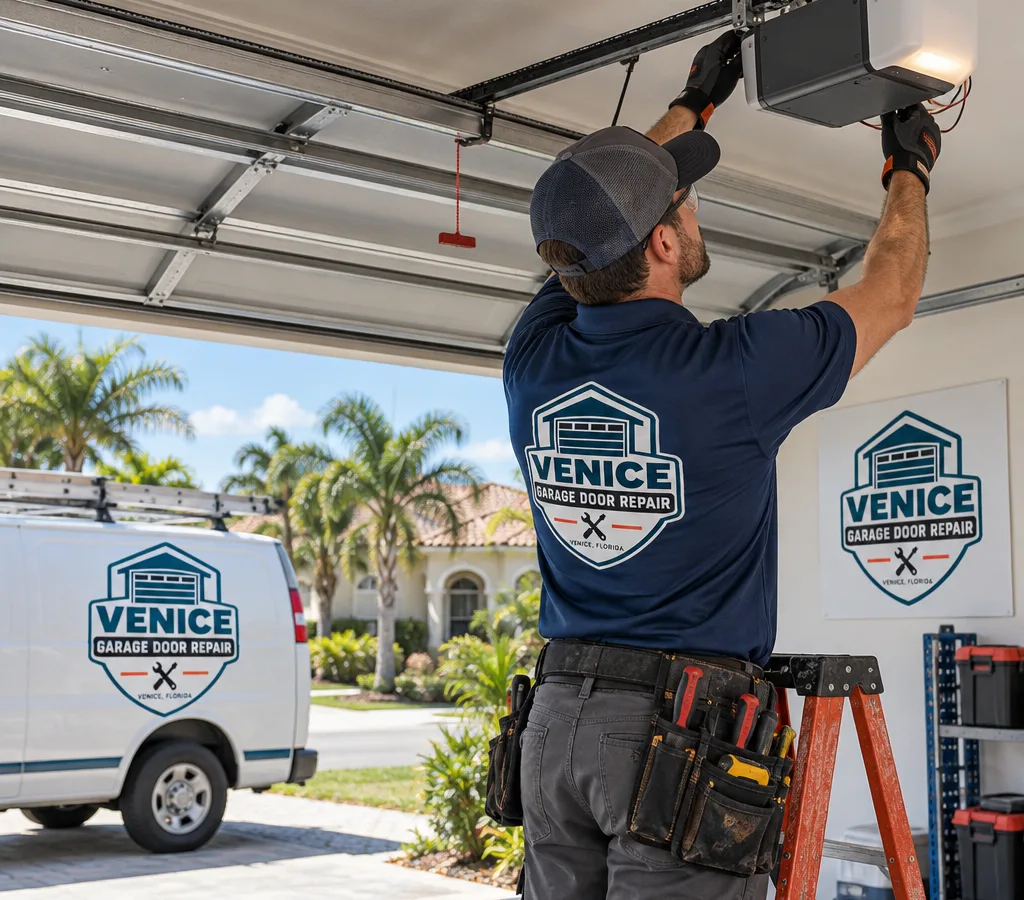 Residential garage door in Venice with a contractor inspecting the ceiling-mounted opener and rail