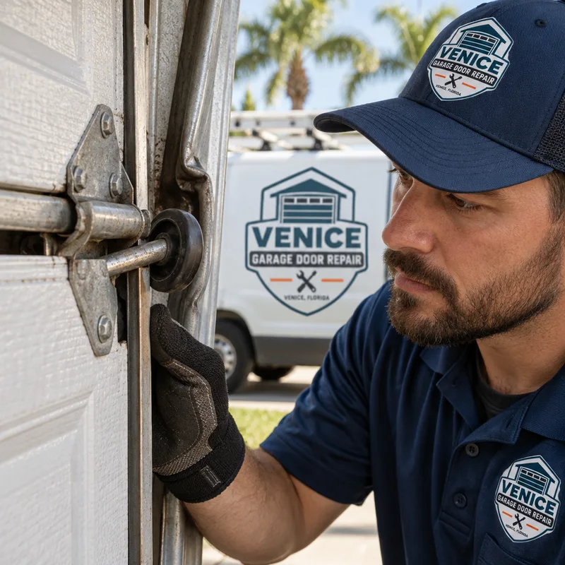 Contractor checking vertical track alignment and roller travel on a partially raised garage door