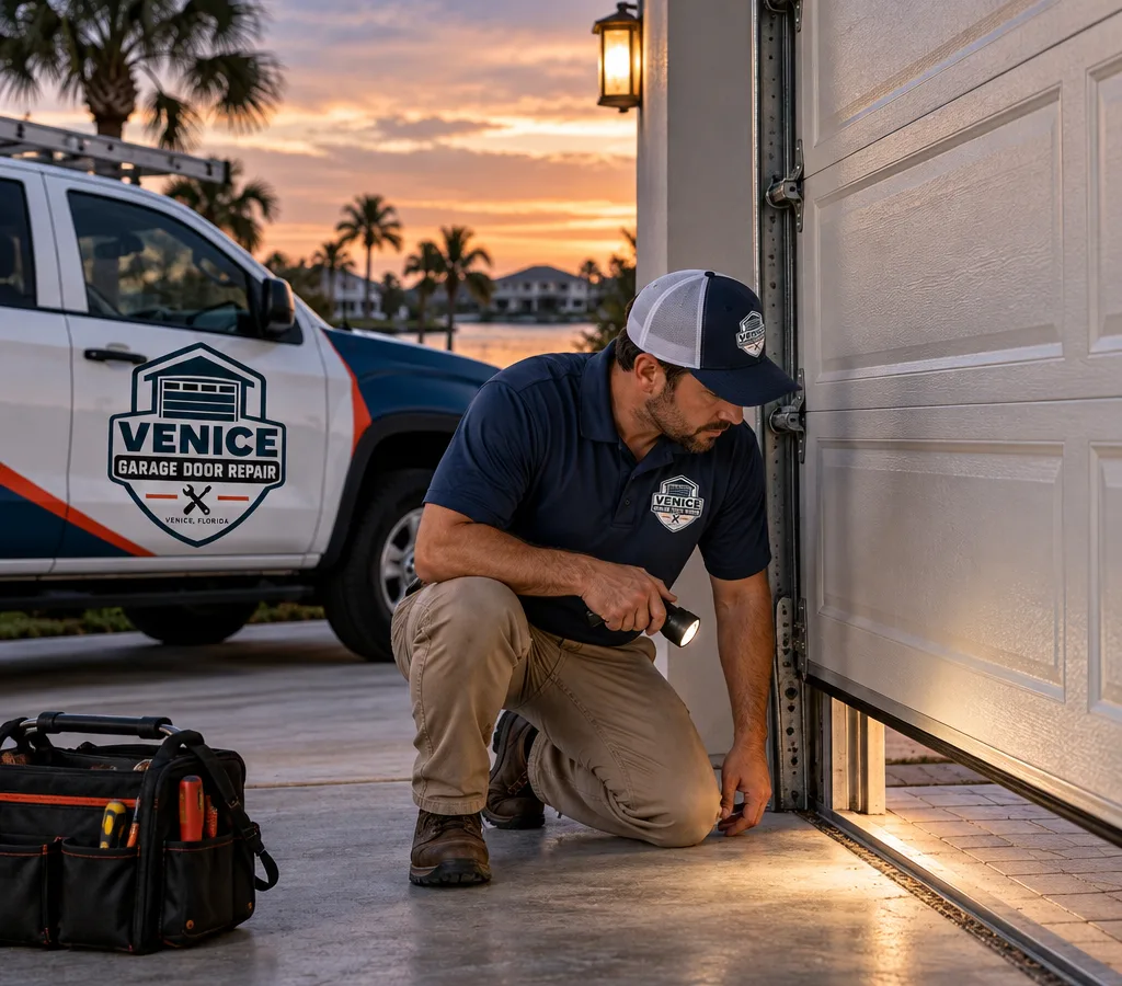 Residential garage door partially open at dusk with its interior light on