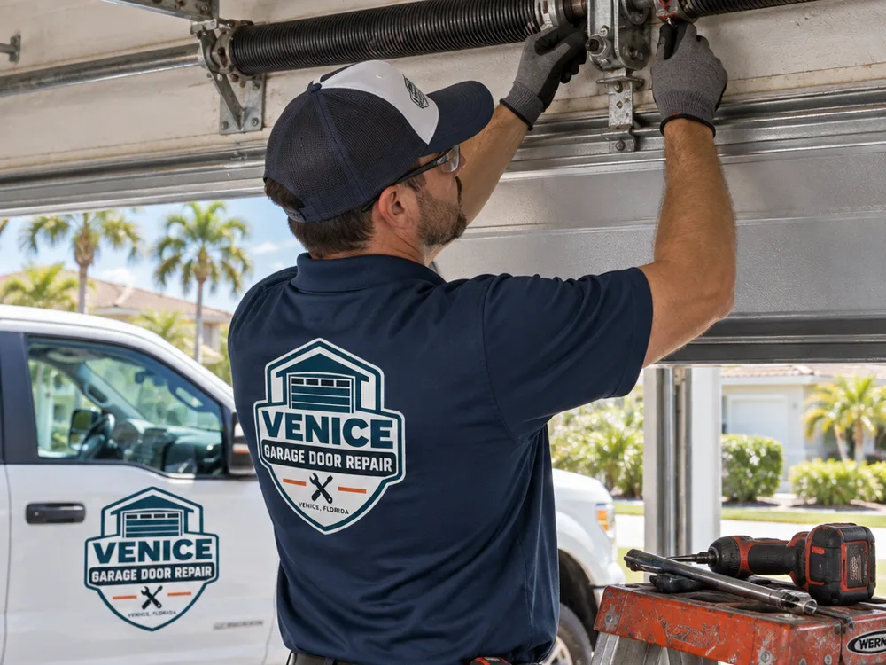 Contractor inspecting the torsion spring, center bearing, and cable drums above a garage door