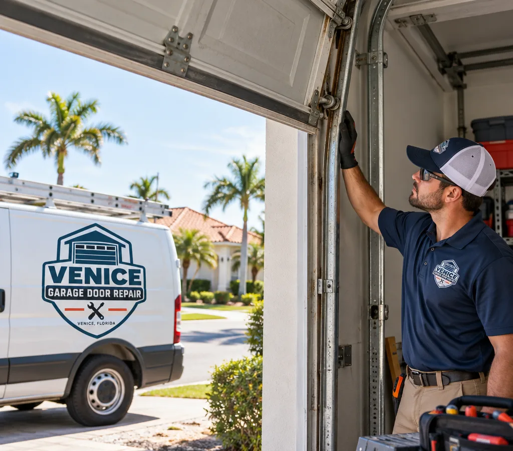 Contractor adjusting garage door vertical track alignment with a level and wrench