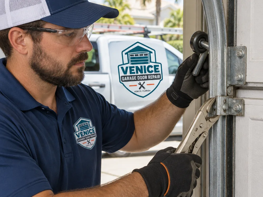 Off-track garage door stabilized with clamps while its track alignment and roller position are inspected